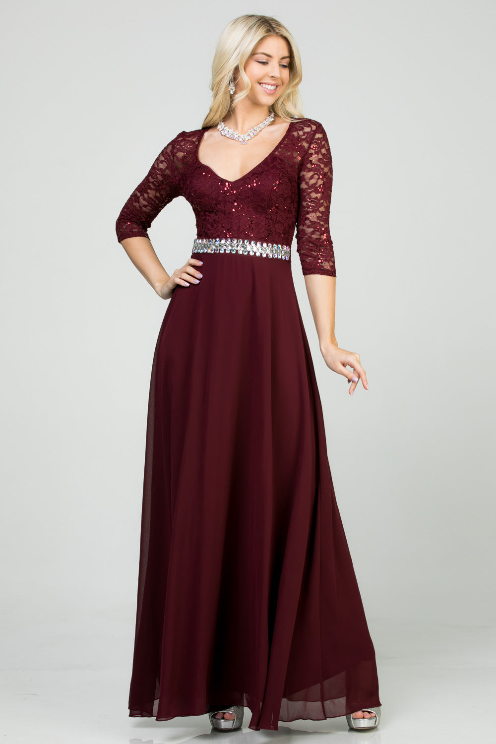 3/4 lace and chiffon A-line dress with rhinestones waist embellishment.
