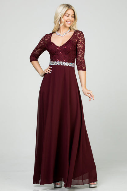3/4 lace and chiffon A-line dress with rhinestones waist embellishment.