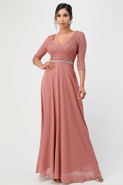 3/4 lace and chiffon A-line dress with rhinestones waist embellishment.