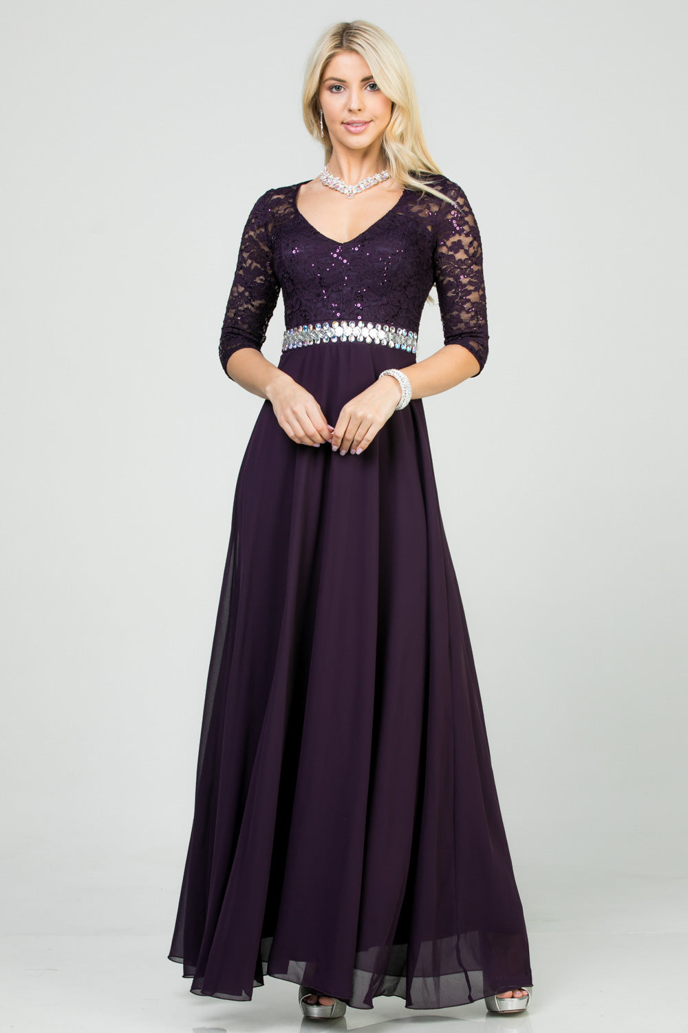 3/4 lace and chiffon A-line dress with rhinestones waist embellishment.