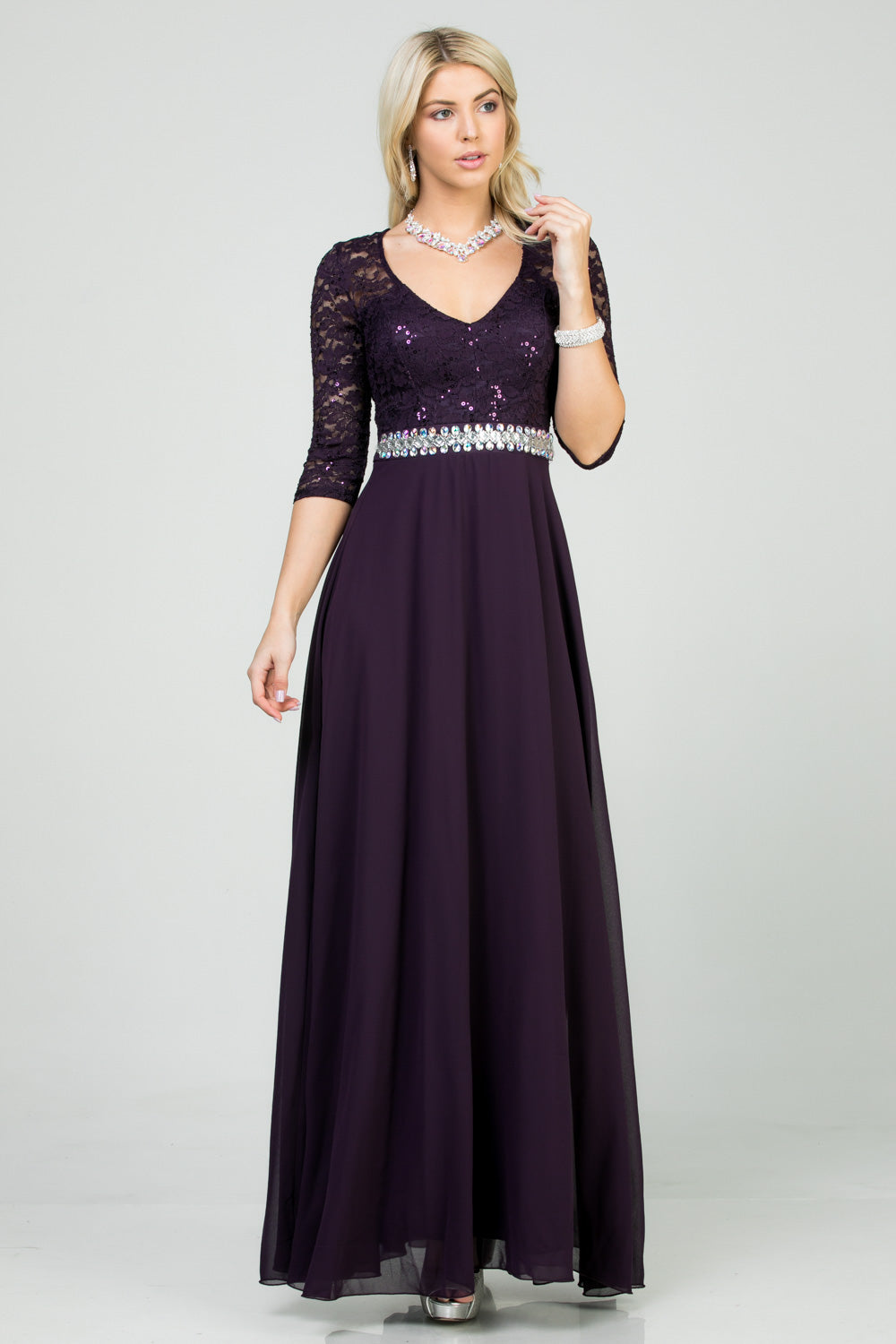 3/4 sleeve lace and chiffon A-line dress with waist embellishment