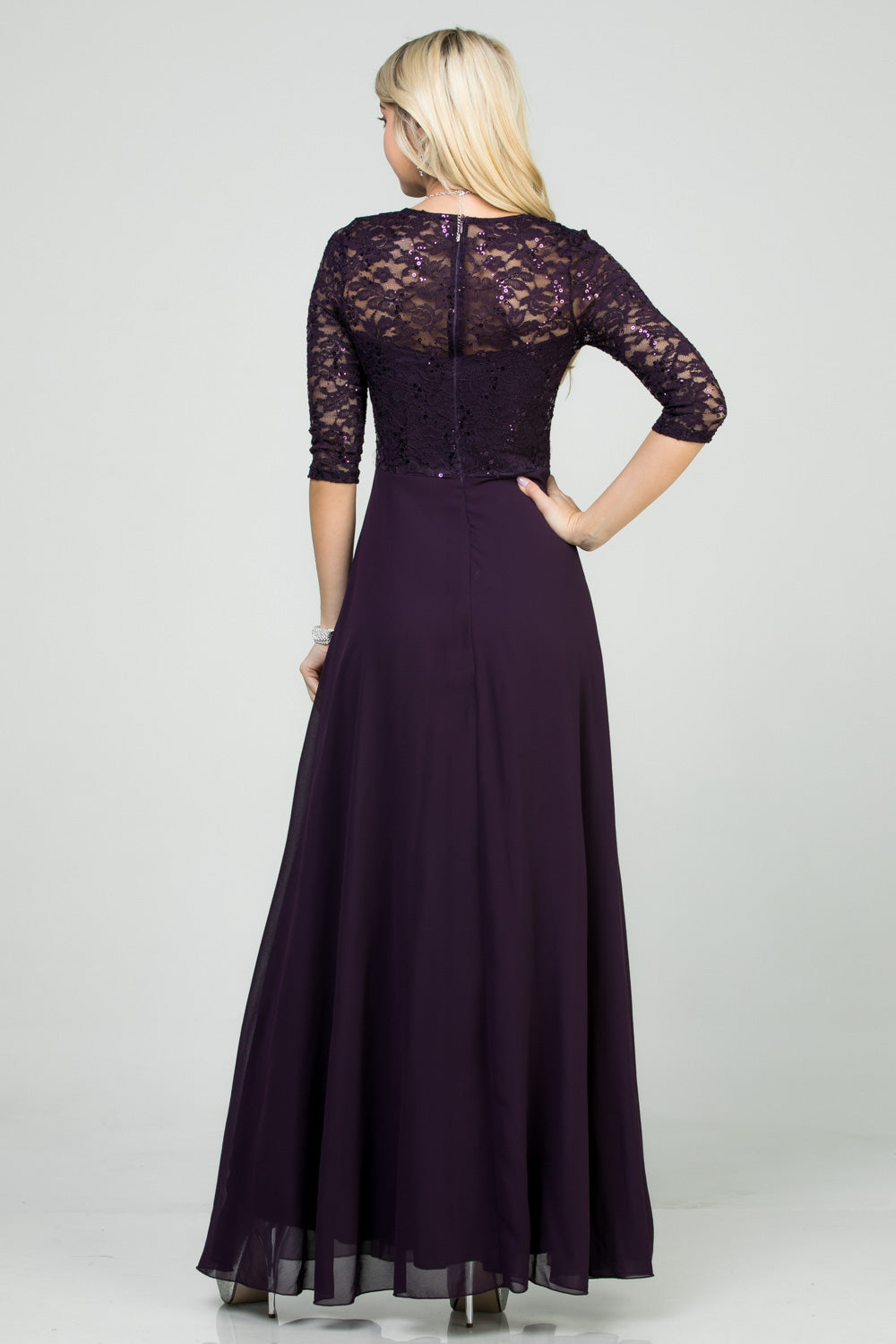 3/4 lace and chiffon A-line dress with rhinestones waist embellishment.