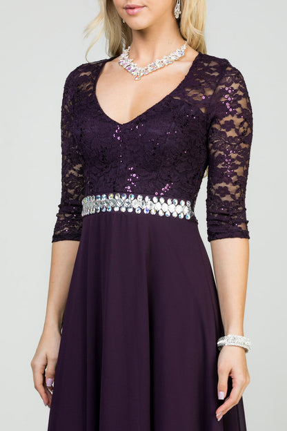 3/4 sleeve lace and chiffon A-line dress with waist embellishment