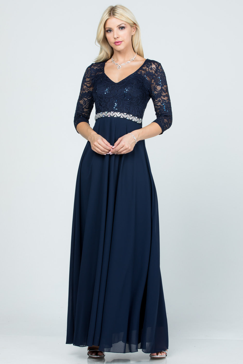 3/4 sleeve lace and chiffon A-line dress with waist embellishment