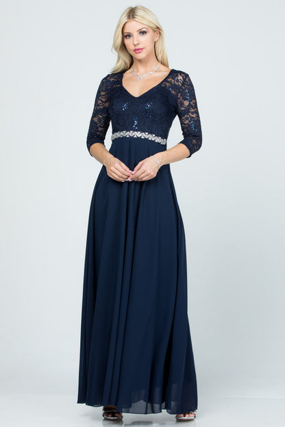 3/4 sleeve lace and chiffon A-line dress with waist embellishment