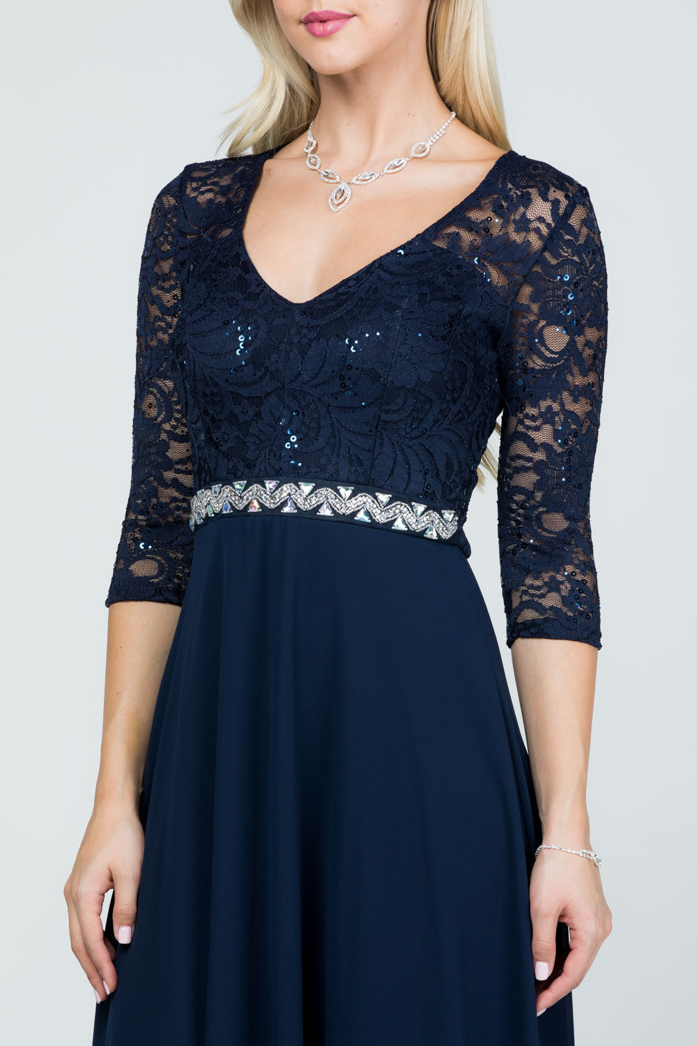 3/4 sleeve lace and chiffon A-line dress with waist embellishment