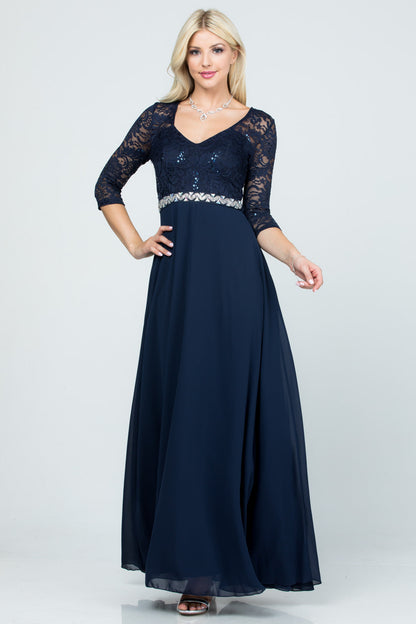 3/4 lace and chiffon A-line dress with rhinestones waist embellishment.