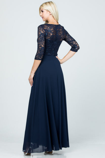 3/4 lace and chiffon A-line dress with rhinestones waist embellishment.