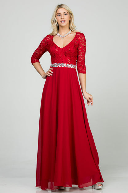 3/4 lace and chiffon A-line dress with rhinestones waist embellishment.