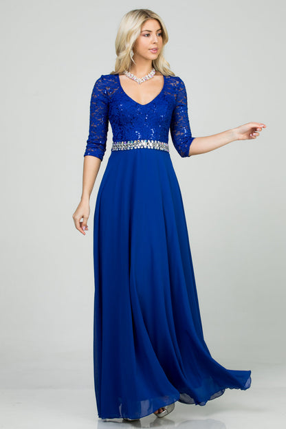 3/4 lace and chiffon A-line dress with rhinestones waist embellishment.