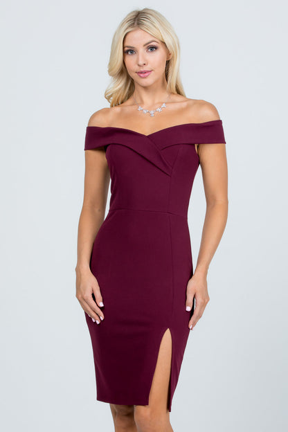 Off the shoulder cross front solid scuba crepe side slit pencil dress.