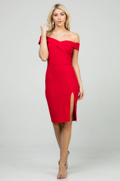 Off the shoulder cross front solid scuba crepe side slit pencil dress.