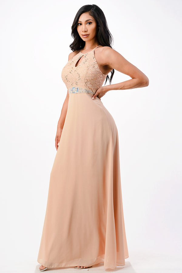 Embellished waist A-line full length dress with sequin on lace and front keyhole.
