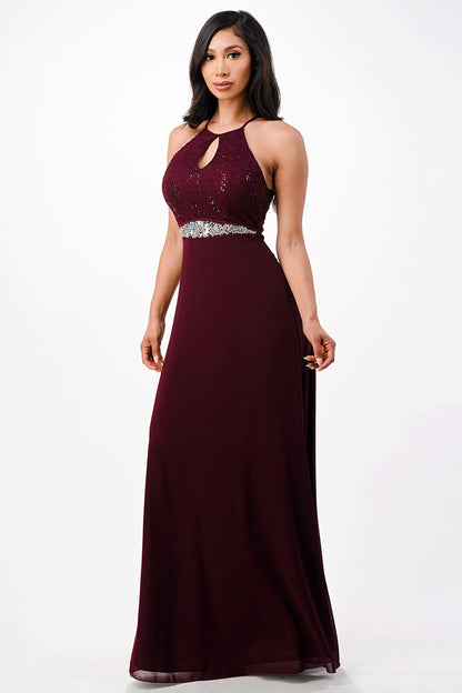Embellished waist A-line full length dress with sequin on lace and front keyhole.
