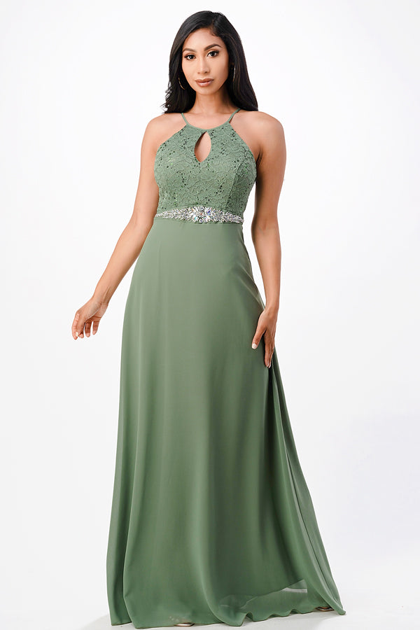 Embellished waist A-line full length dress with sequin on lace and front keyhole.