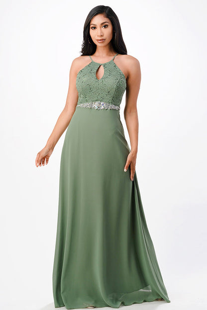 Embellished waist A-line full length dress with sequin on lace and front keyhole.