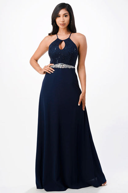 Embellished waist A-line full length dress with sequin on lace and front keyhole.