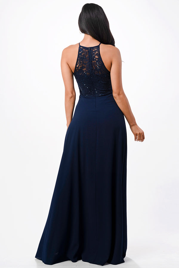 Embellished waist A-line full length dress with sequin on lace and front keyhole.