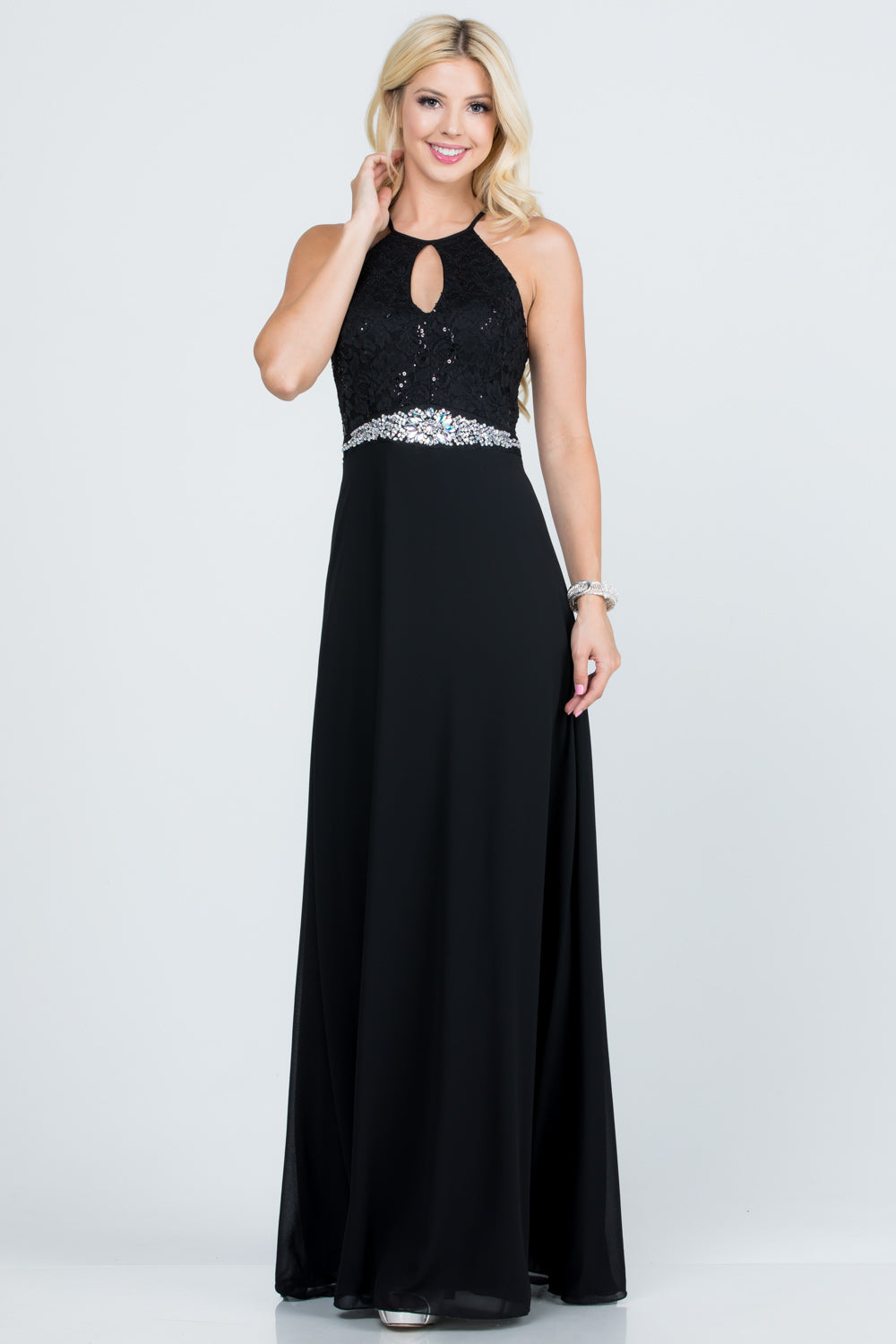 Embellished waist A-line full length dress with sequin on lace and front keyhole.