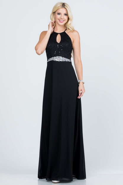 Embellished waist A-line full length dress with sequin on lace and front keyhole.