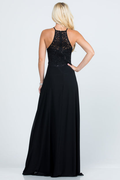 Embellished waist A-line full length dress with sequin on lace and front keyhole.