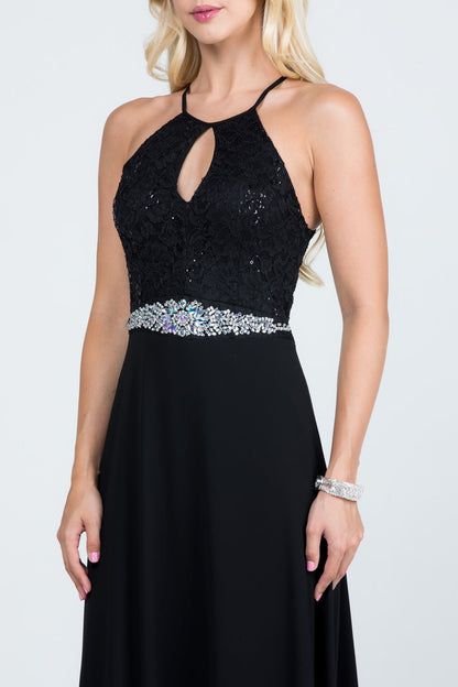 Embellished waist A-line full length dress with sequin on lace and front keyhole.
