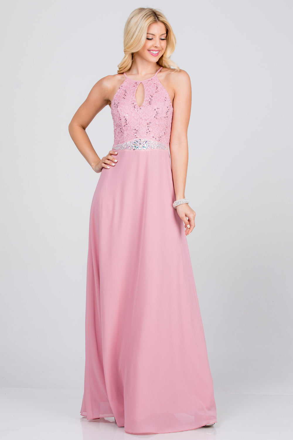 Embellished waist A-line full length dress with sequin on lace and front keyhole.