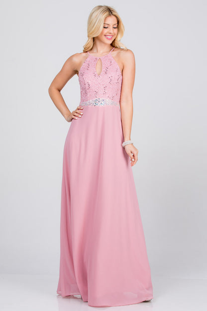 Embellished waist A-line full length dress with sequin on lace and front keyhole.