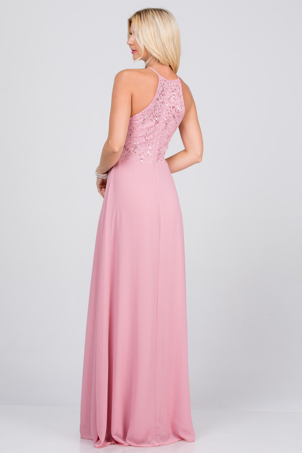 Embellished waist A-line full length dress with sequin on lace and front keyhole.