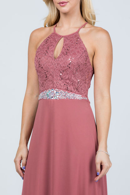 Embellished waist A-line full length dress with sequin on lace and front keyhole.