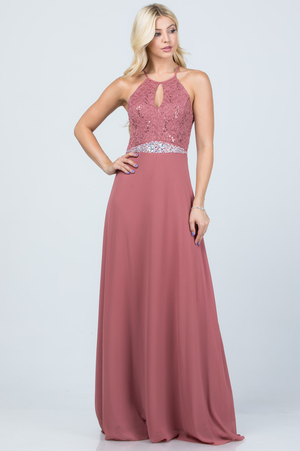 Embellished waist A-line full length dress with sequin on lace and front keyhole.