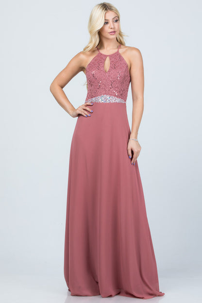 Embellished waist A-line full length dress with sequin on lace and front keyhole.