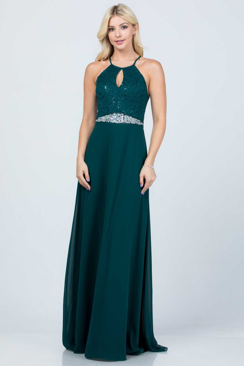 Embellished waist A-line full length dress with sequin on lace and front keyhole.