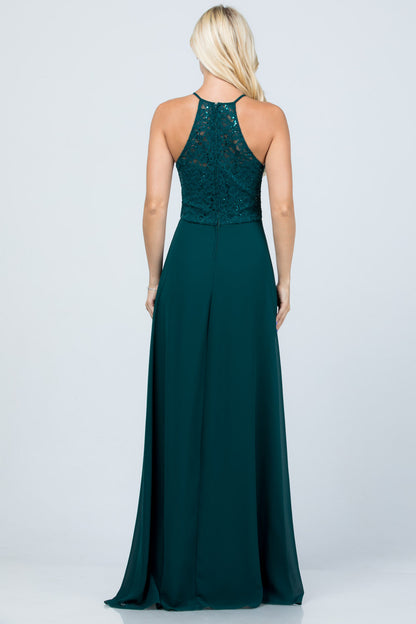 Embellished waist A-line full length dress with sequin on lace and front keyhole.
