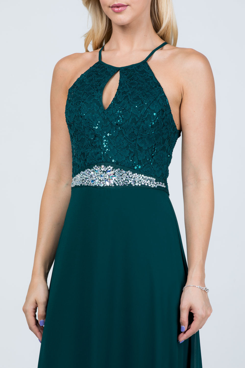 Embellished waist A-line full length dress with sequin on lace and front keyhole.