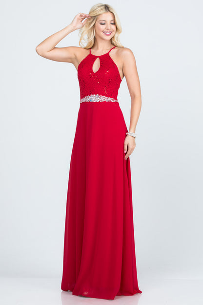 Embellished waist A-line full length dress with sequin on lace and front keyhole.