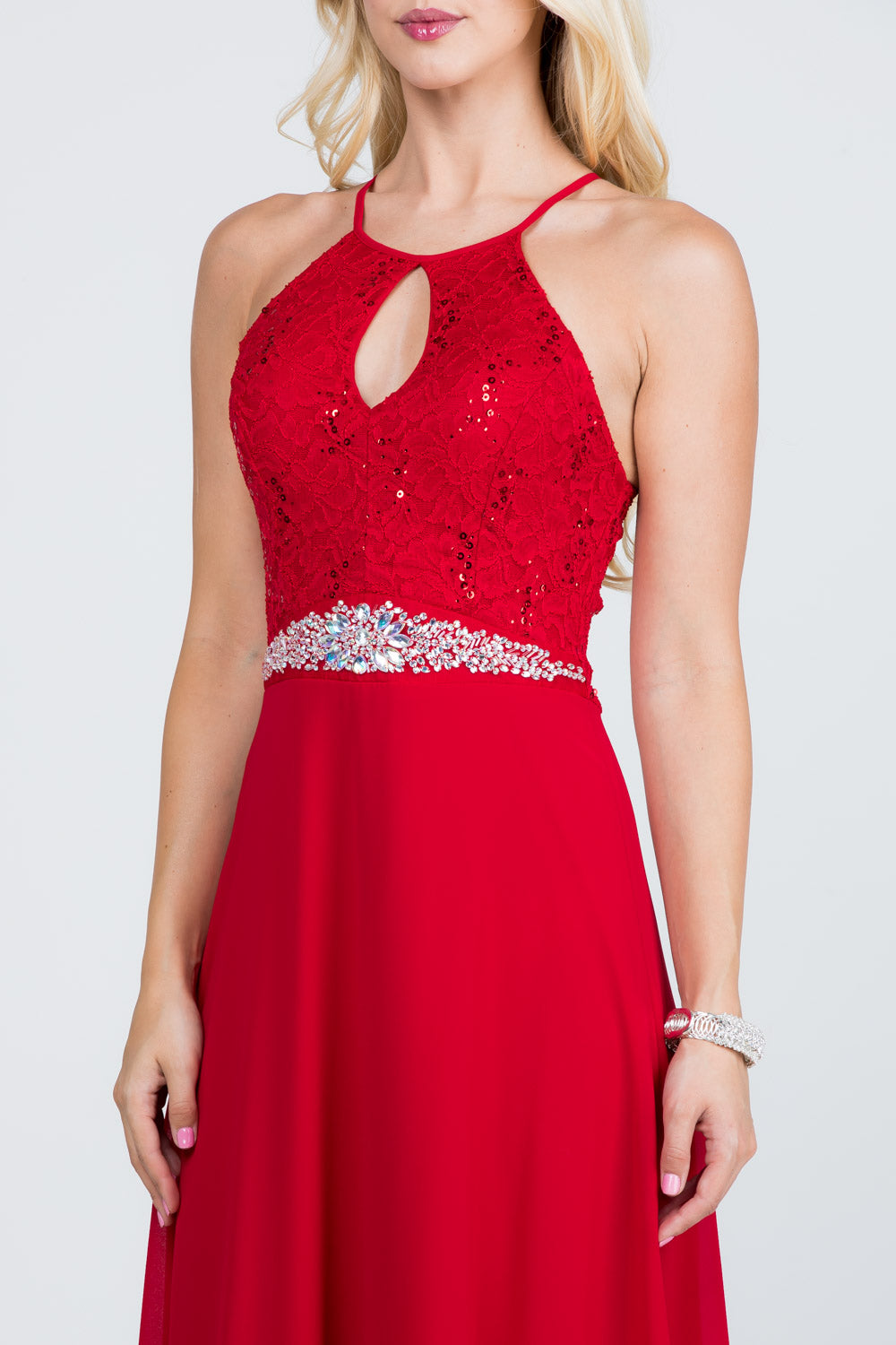 Embellished waist A-line full length dress with sequin on lace and front keyhole.