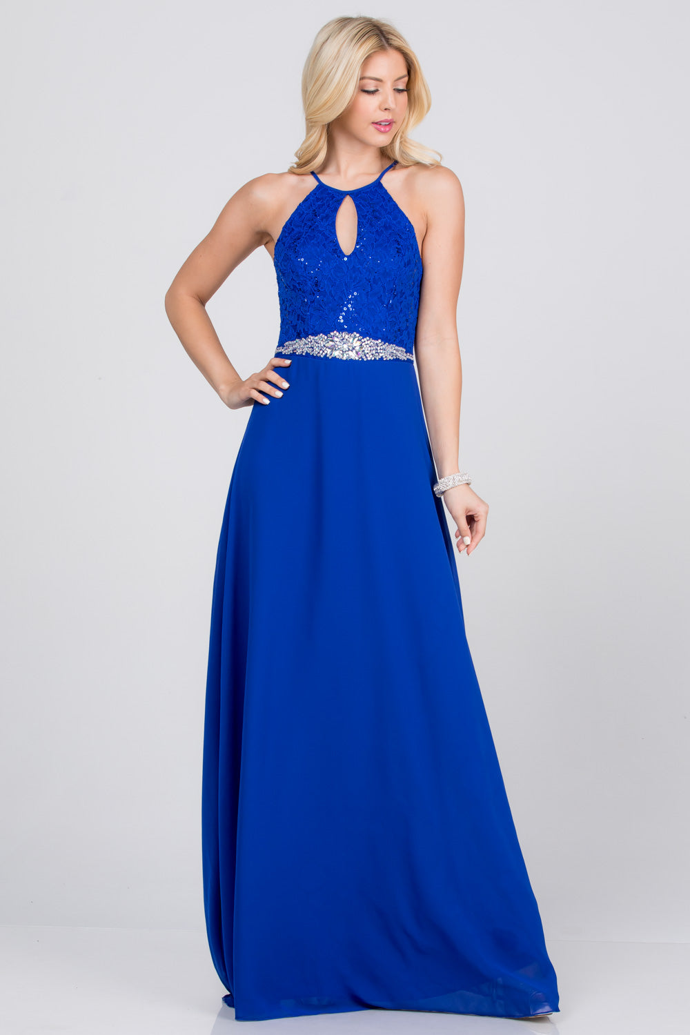 Embellished waist A-line full length dress with sequin on lace and front keyhole.