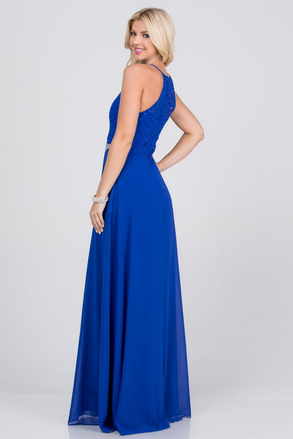 Embellished waist A-line full length dress with sequin on lace and front keyhole.