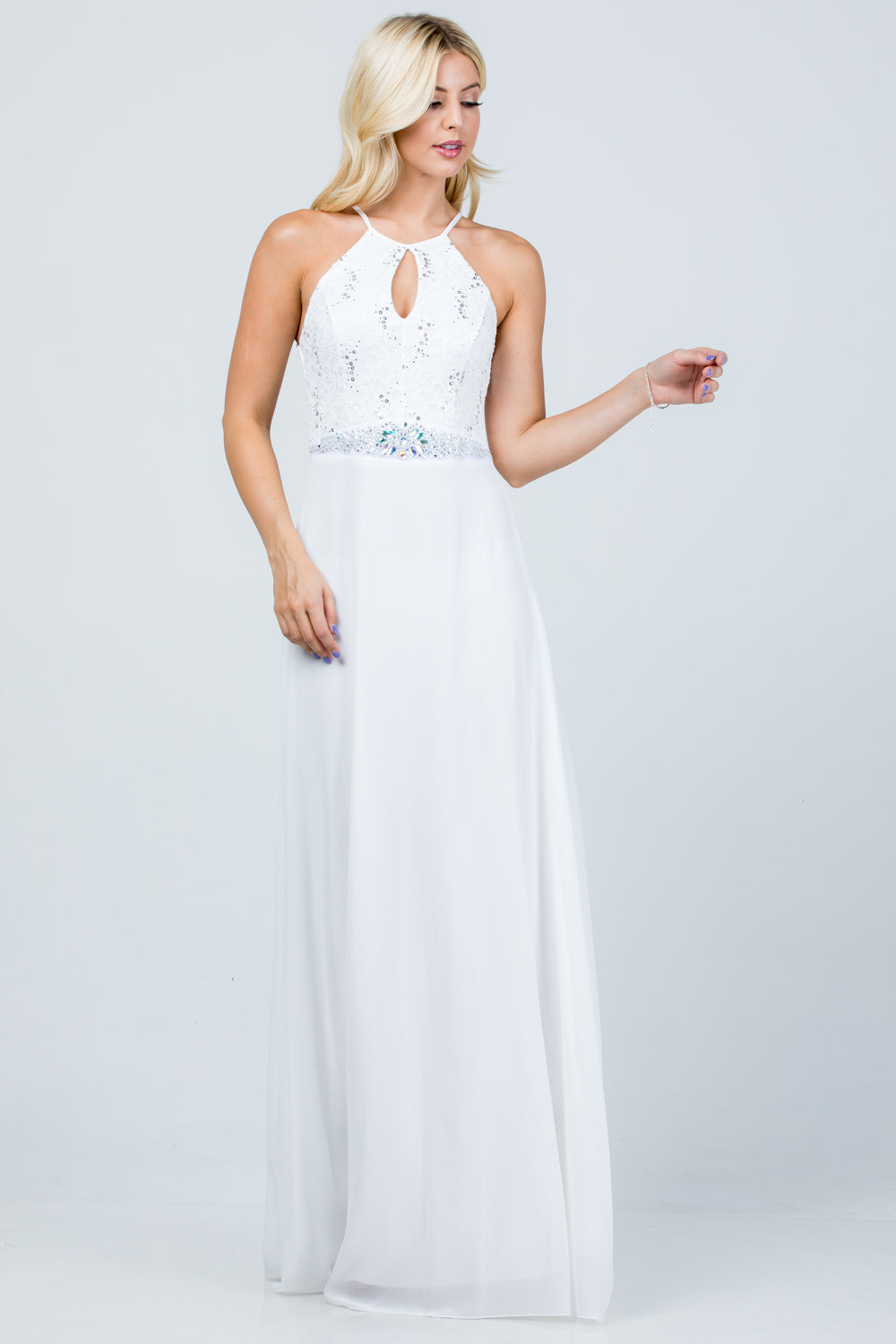 Embellished waist A-line full length dress with sequin on lace and front keyhole.