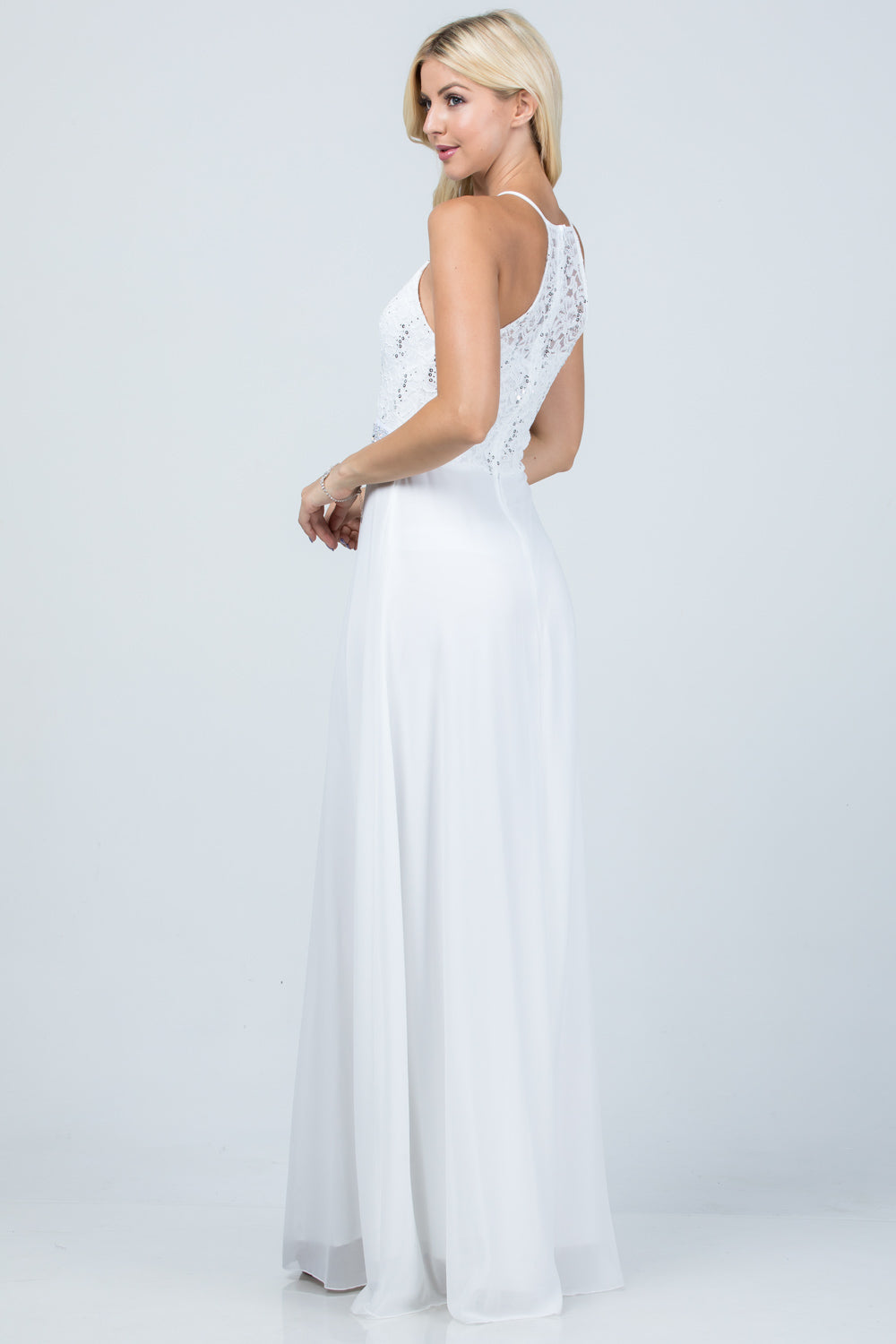 Embellished waist A-line full length dress with sequin on lace and front keyhole.