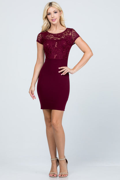 Short sleeve sequin lace and scuba crepe Remi pencil dress.