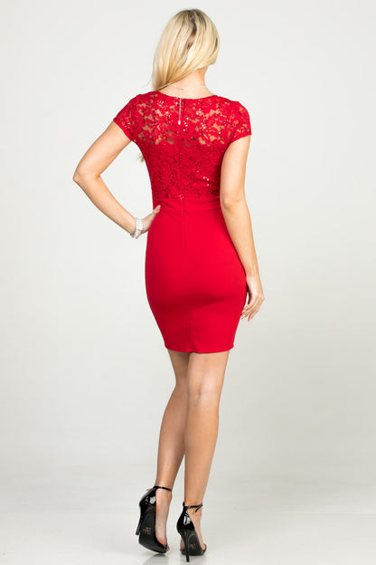 Short sleeve sequin lace and scuba crepe Remi pencil dress.