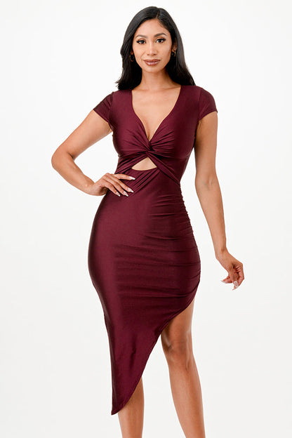 Front twist shiny tricot asymmetrical cap sleeve dress