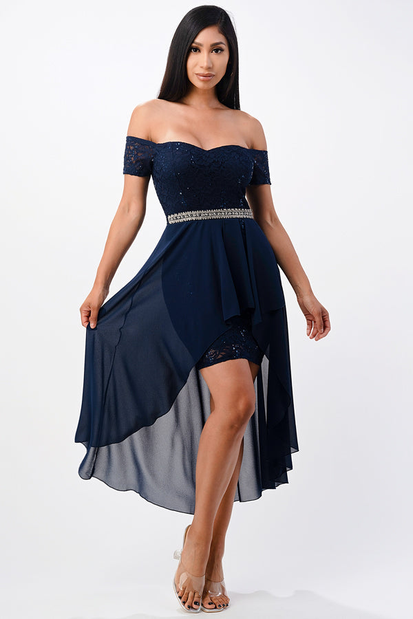 Embellished off the shoulder, trance lace and chelsea chiffon fabric, Lila high-low surplus dress