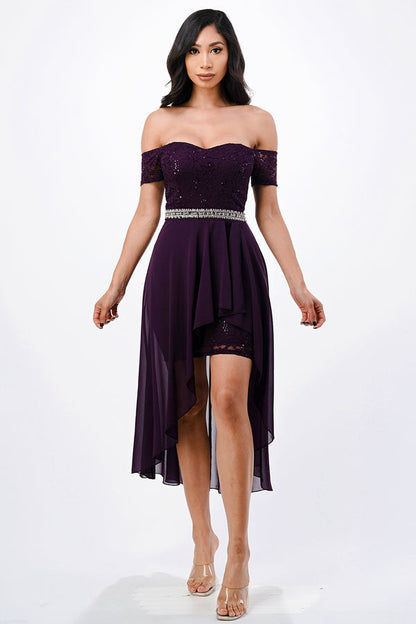 Embellished off the shoulder, trance lace and chelsea chiffon fabric, Lila high-low surplus dress
