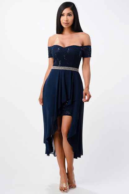 Embellished off the shoulder, trance lace and chelsea chiffon fabric, Lila high-low surplus dress