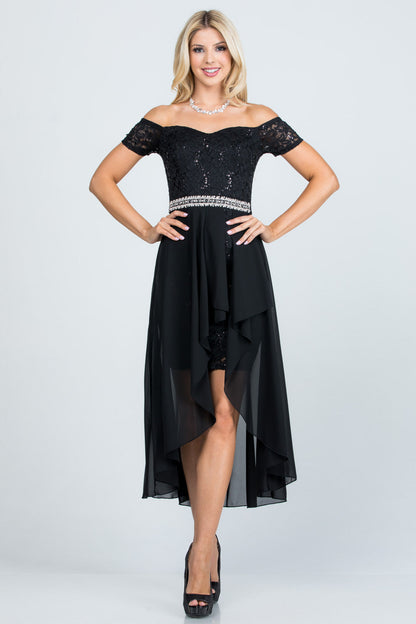Embellished off the shoulder, trance lace and chelsea chiffon fabric, Lila high-low surplus dress
