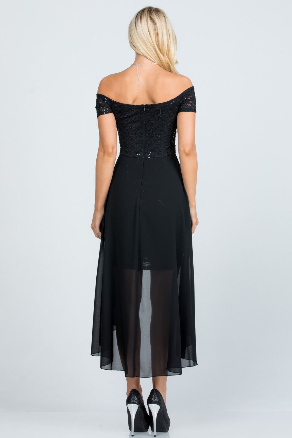 Embellished off the shoulder, trance lace and chelsea chiffon fabric, Lila high-low surplus dress
