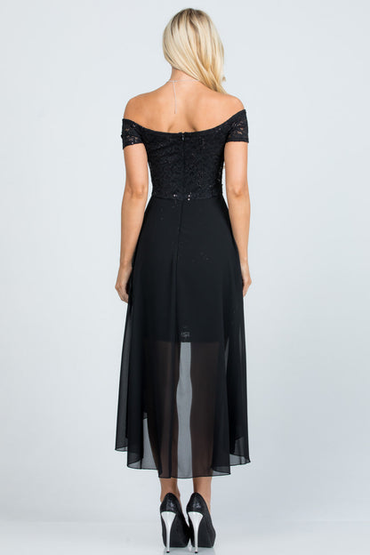 Embellished off the shoulder, trance lace and chelsea chiffon fabric, Lila high-low surplus dress